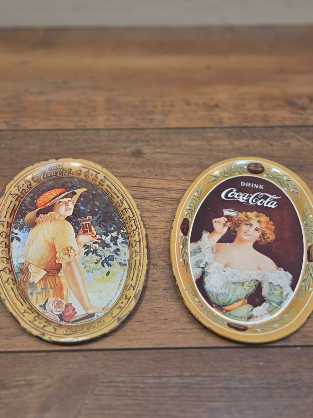 Vintage 1973 Coca Cola mini oval metal tip trays set of 2 Coke advertising art
